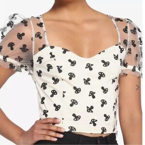 NWT Hot Topic Ivory Mushroom Glitter Puff Sleeve Top
